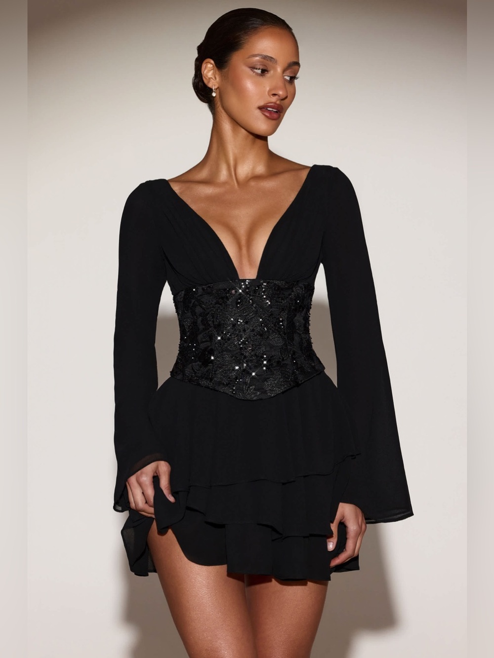Oh Polly Reinara Chiffon Embellished Corset A-line Mini Dress in Black